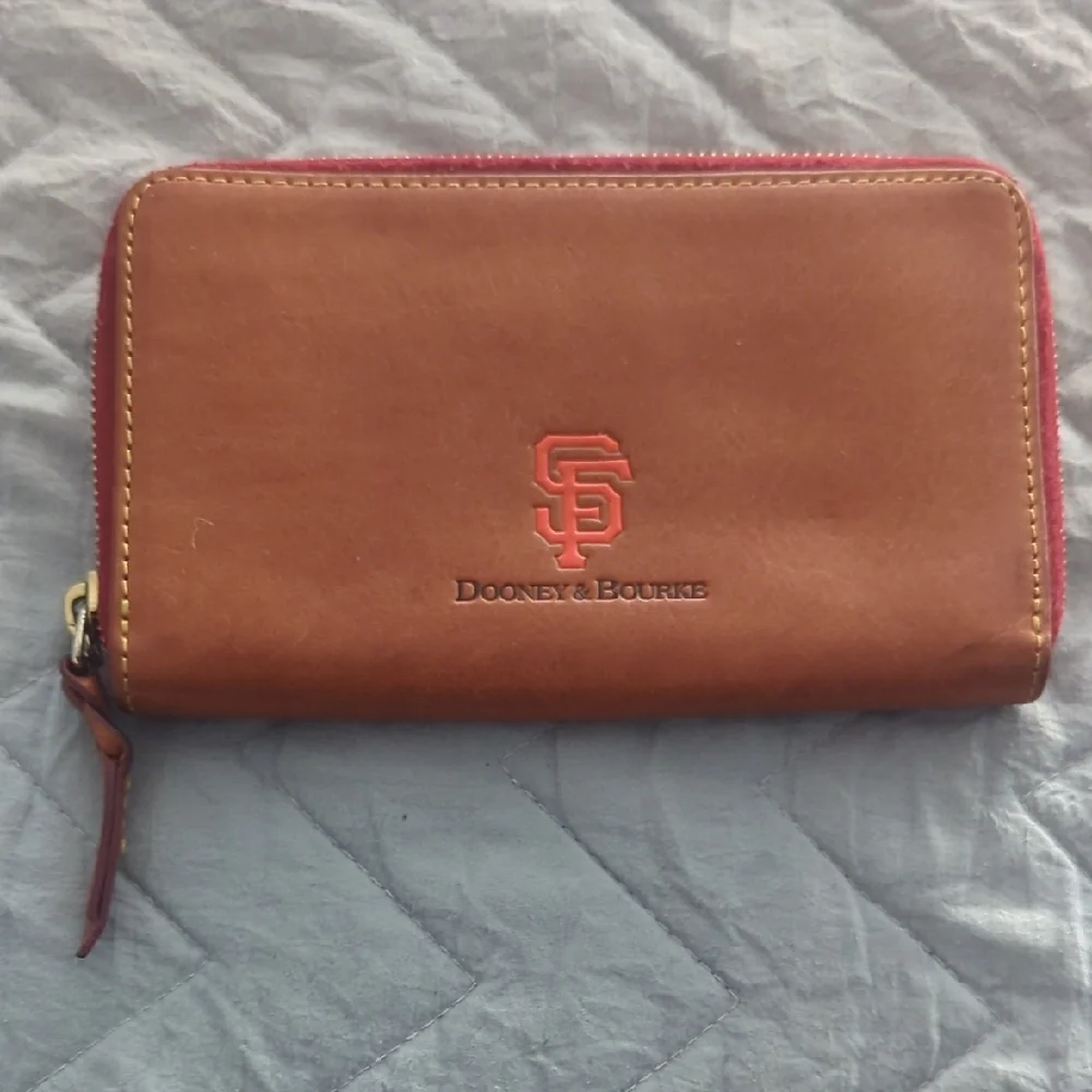 Dooney & Bourke Brown Leather Zip-Around Wallet with Red Trim - Picture 1 of 4